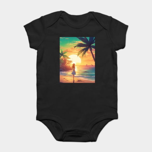 Hot Anime Girl Dream Sunset with Coconut Tree Baby Bodysuit by animegirlnft